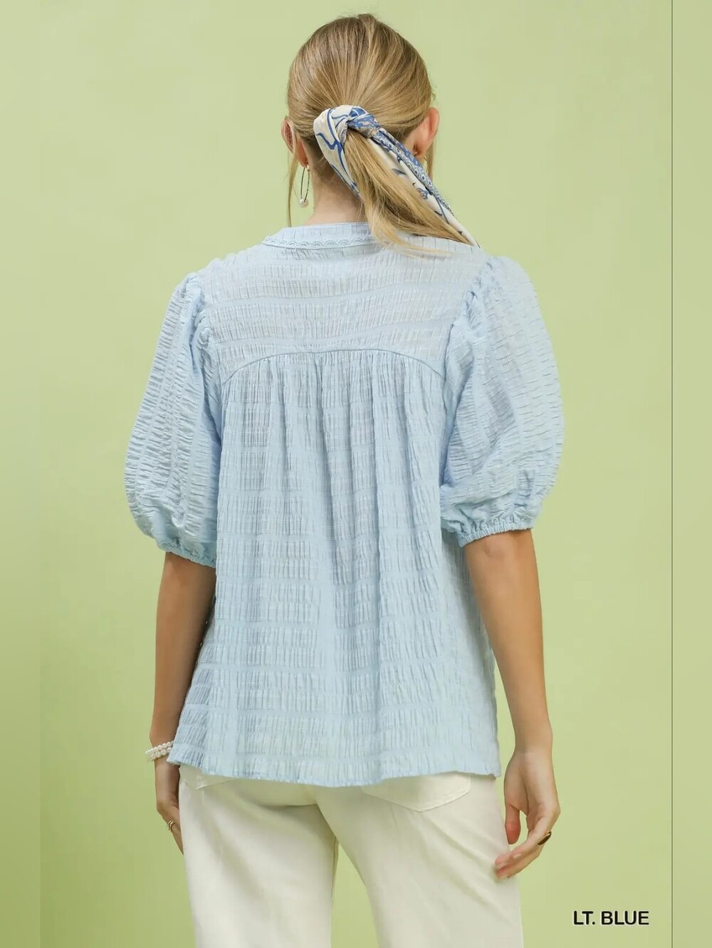Umgee Light Blue Textured V-Neck Puff Sleeve Top - Women - Picture 2 of 7